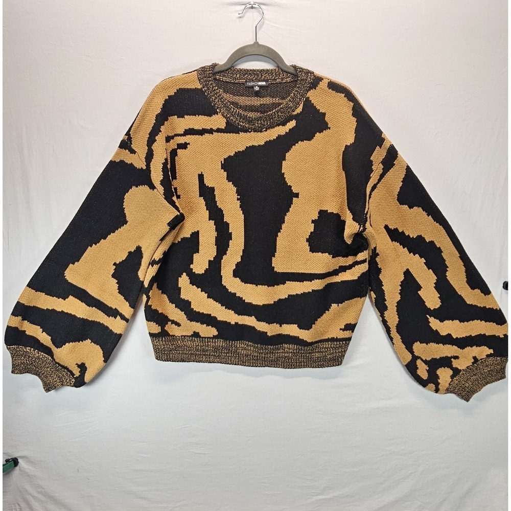 Fashion Nova Tiger Print Sweater‎ XL Brown Black Cropped Knit Bold